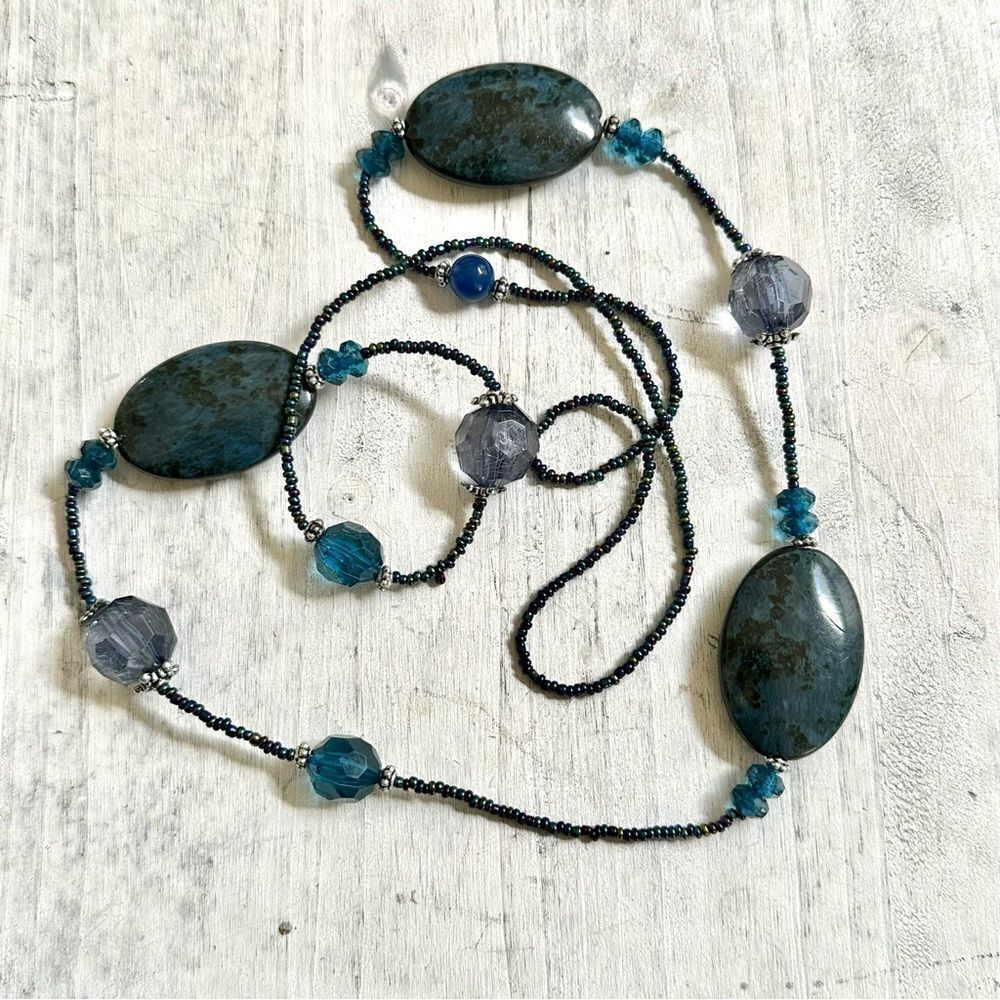 Long blue beaded necklace